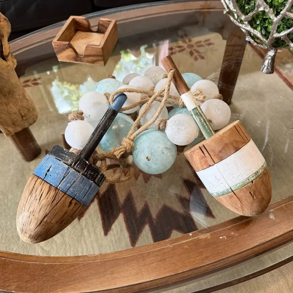 Rustic Wooden Buoy Set of 2 Nautical Wall Decor Striped Rope Hangers 15 In